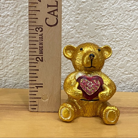 Objet d Art Form Work of Art Gold Bear Holding a Heart Rhinestone Enamel Trinket - Picture 9 of 12